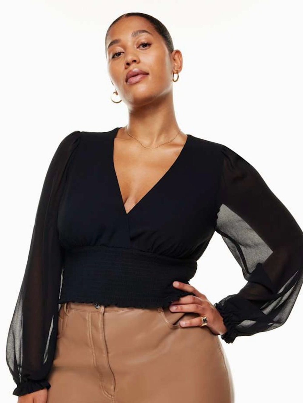 Aritzia Wilfred Wistful Black Blouse Sheer Sleeve Smocked Waist Top